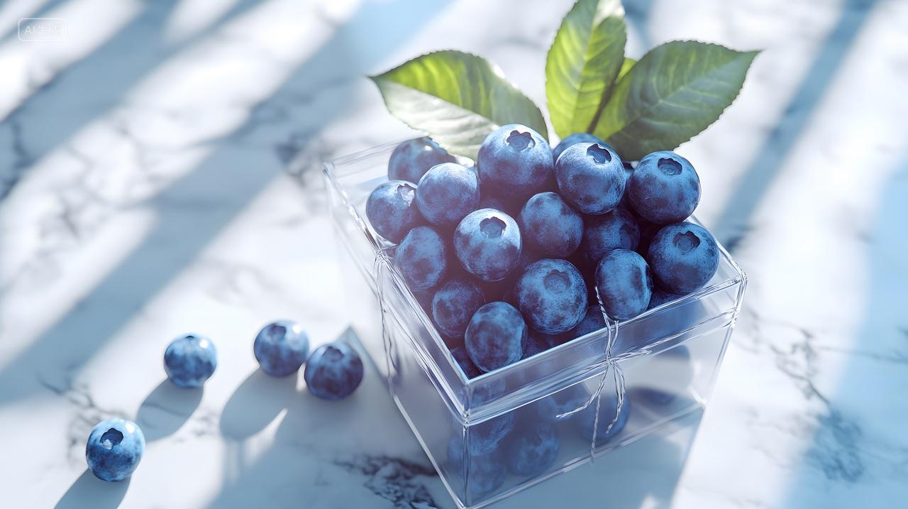 透明盒盛蓝莓带叶散落几颗于大理石台