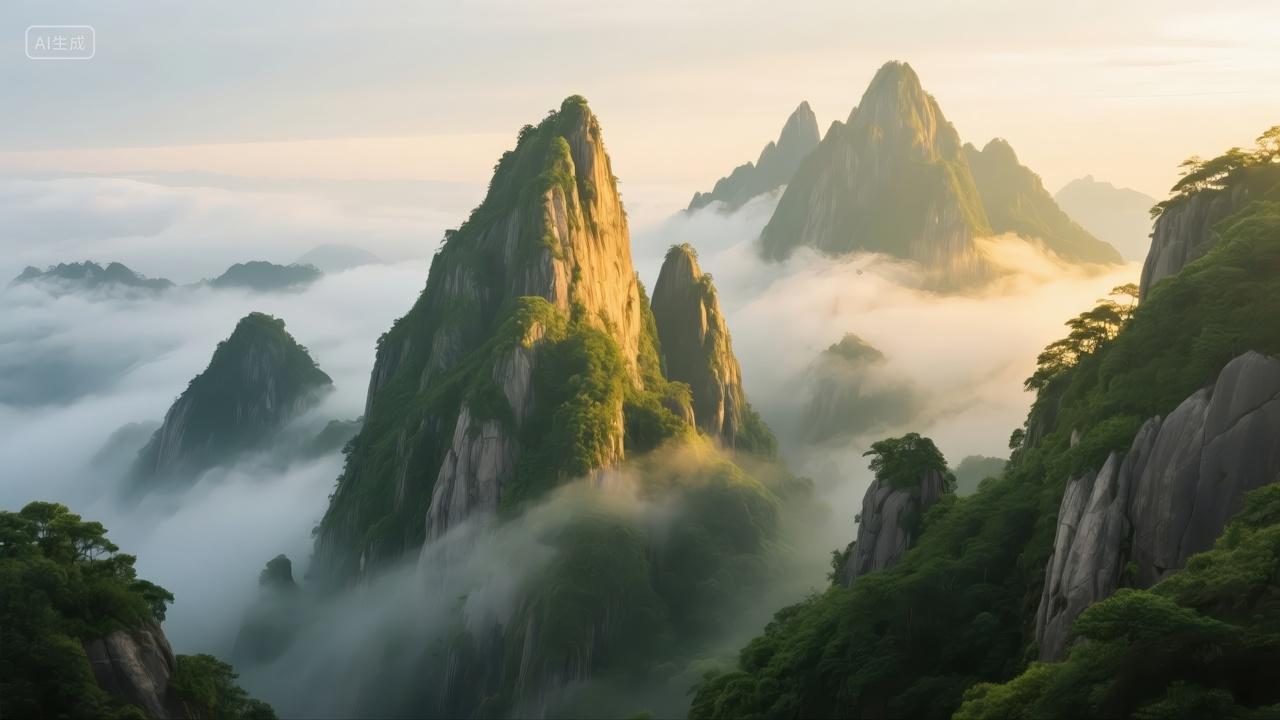 黄山云海奇松怪石日出壮丽山水风景背景