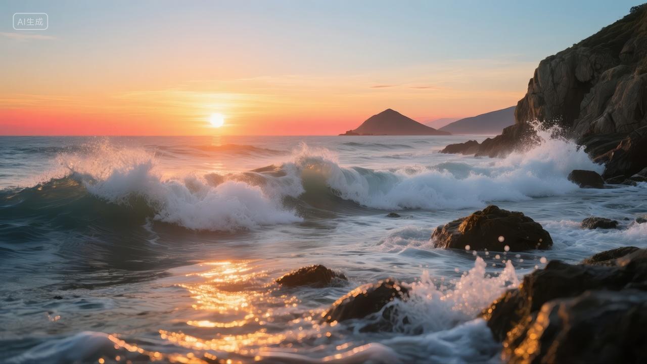 海边日落海浪岩石壮丽自然风光旅游背景