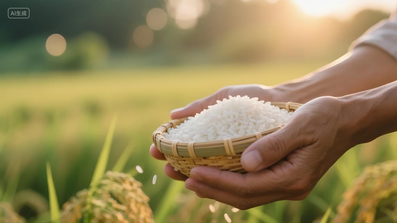 立秋节气手捧大米水稻丰收农业背景图