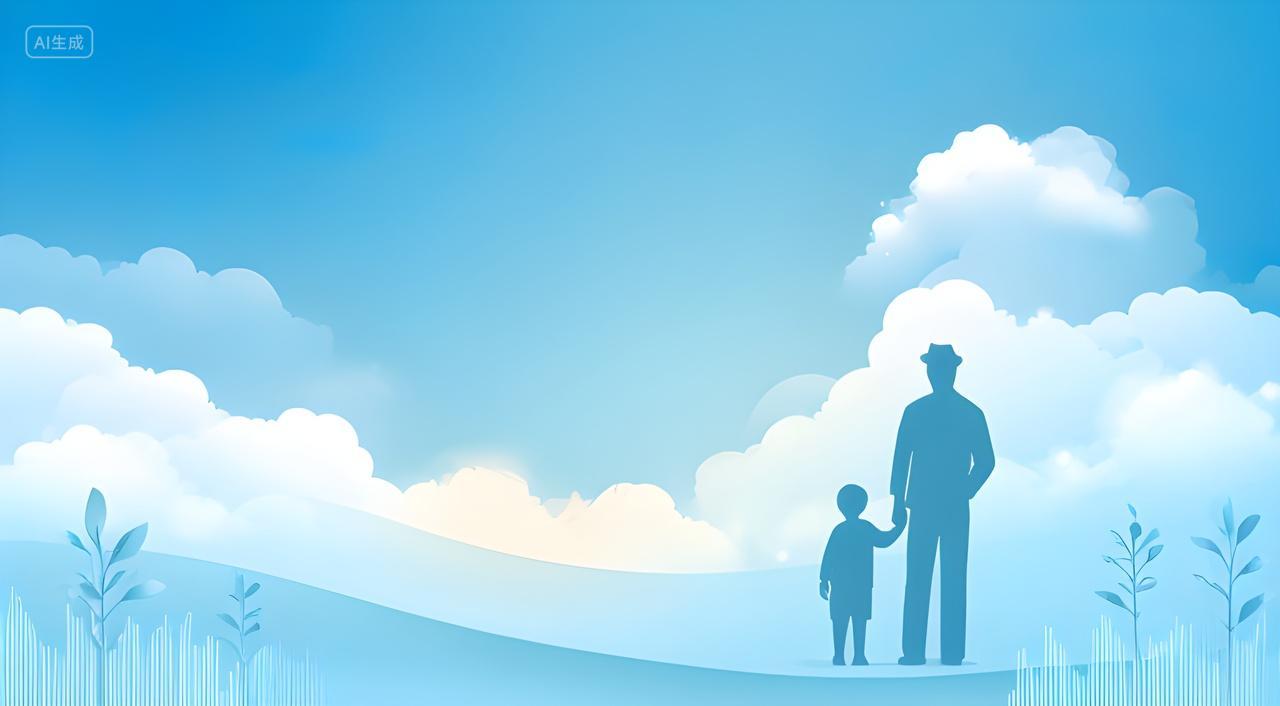 父亲节父子剪影蓝色简约背景