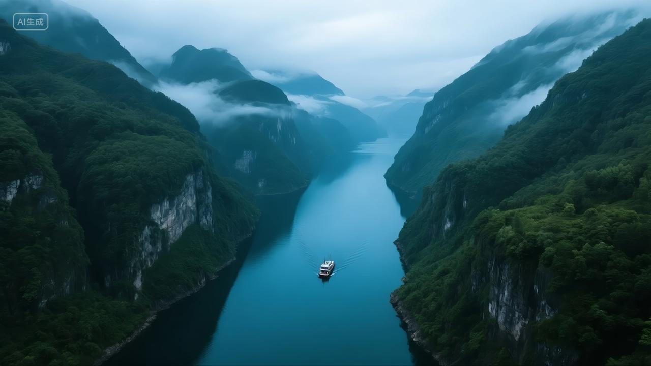壮丽三峡风光游船穿行山水画廊旅游背景