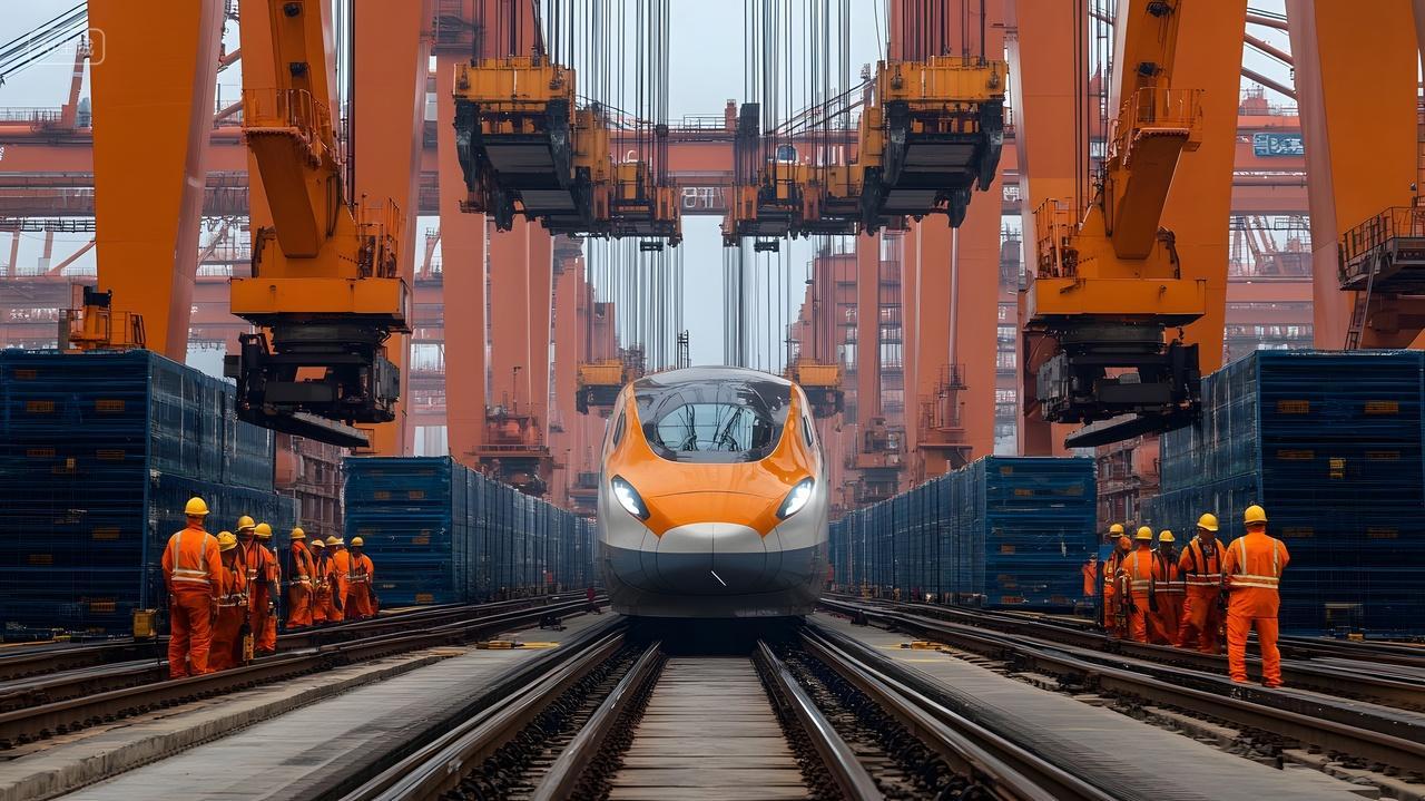 高铁站场列车待发工人吊机环绕展现工业活力