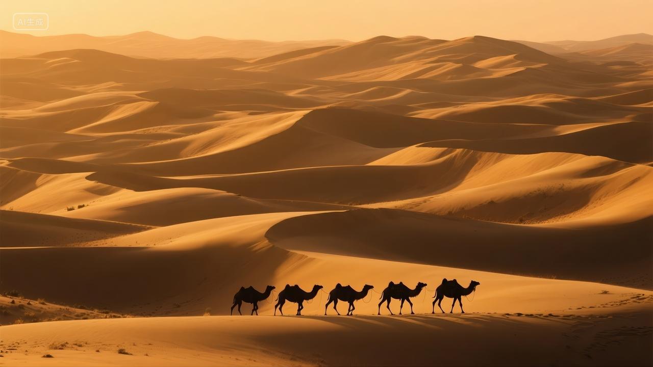 沙漠骆驼商队日落丝绸之路旅游探险背景