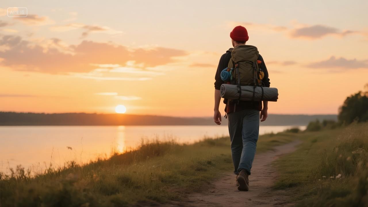 青年徒步旅行日落湖边探索人生励志背景