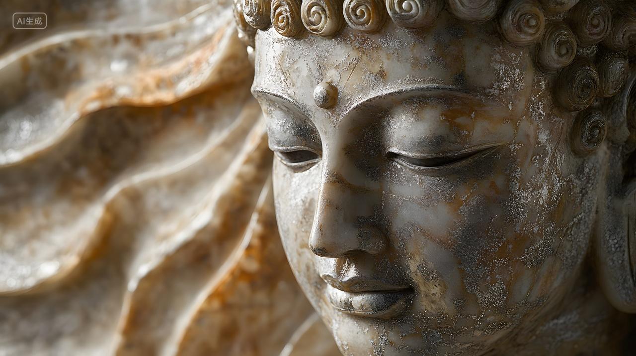 佛像头部特写石质纹理背景似卷云装饰