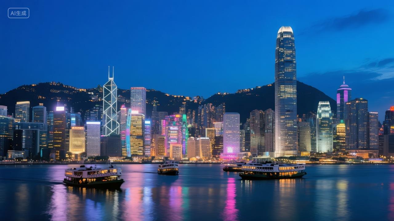 香港城市夜景维多利亚港金融中心商务背景