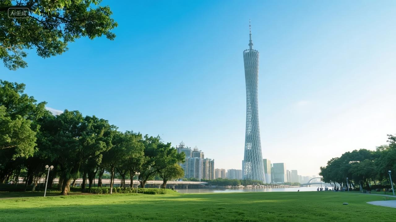 夏至节气广州塔地标城市公园旅游背景图