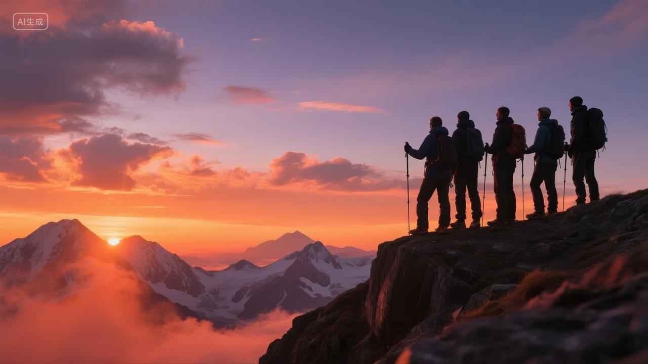 企业文化团队登山成功合作日落励志背景