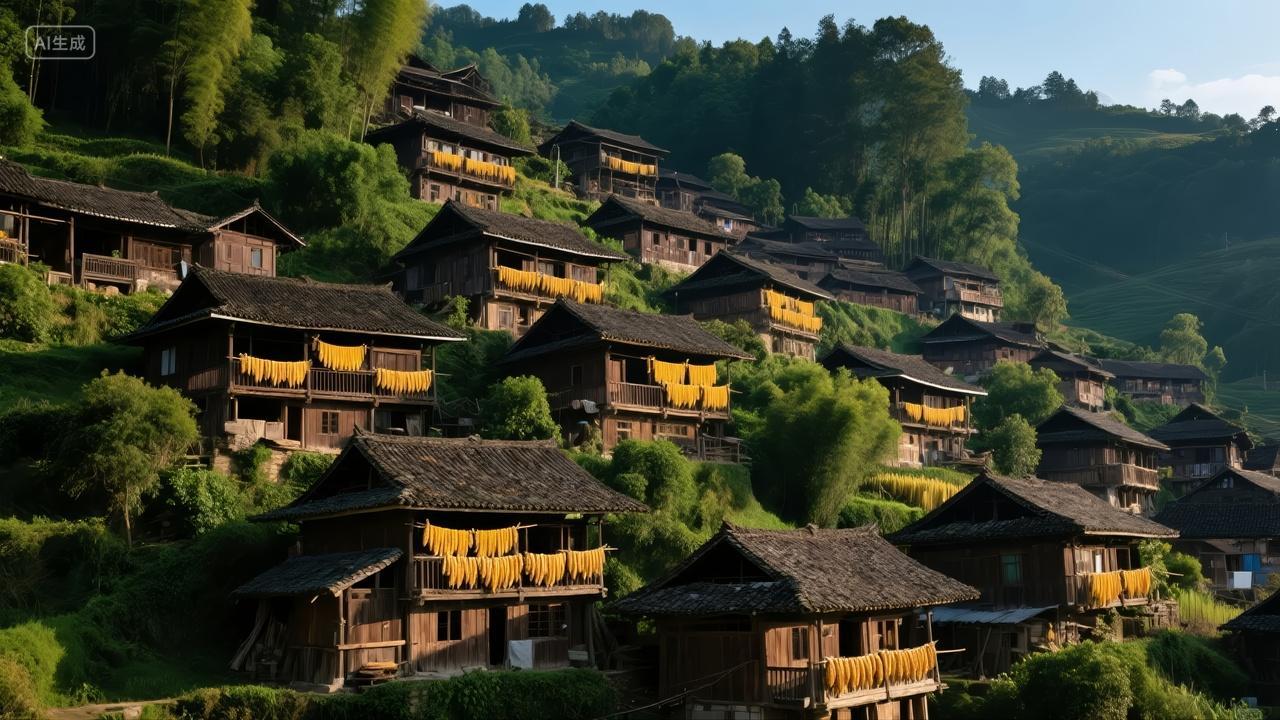 少数民族村寨吊脚楼古镇旅游文化背景图