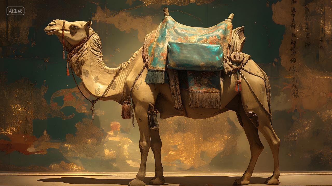 古雅骆驼骆驼雕塑披饰华丽鞍具背景有斑驳壁画