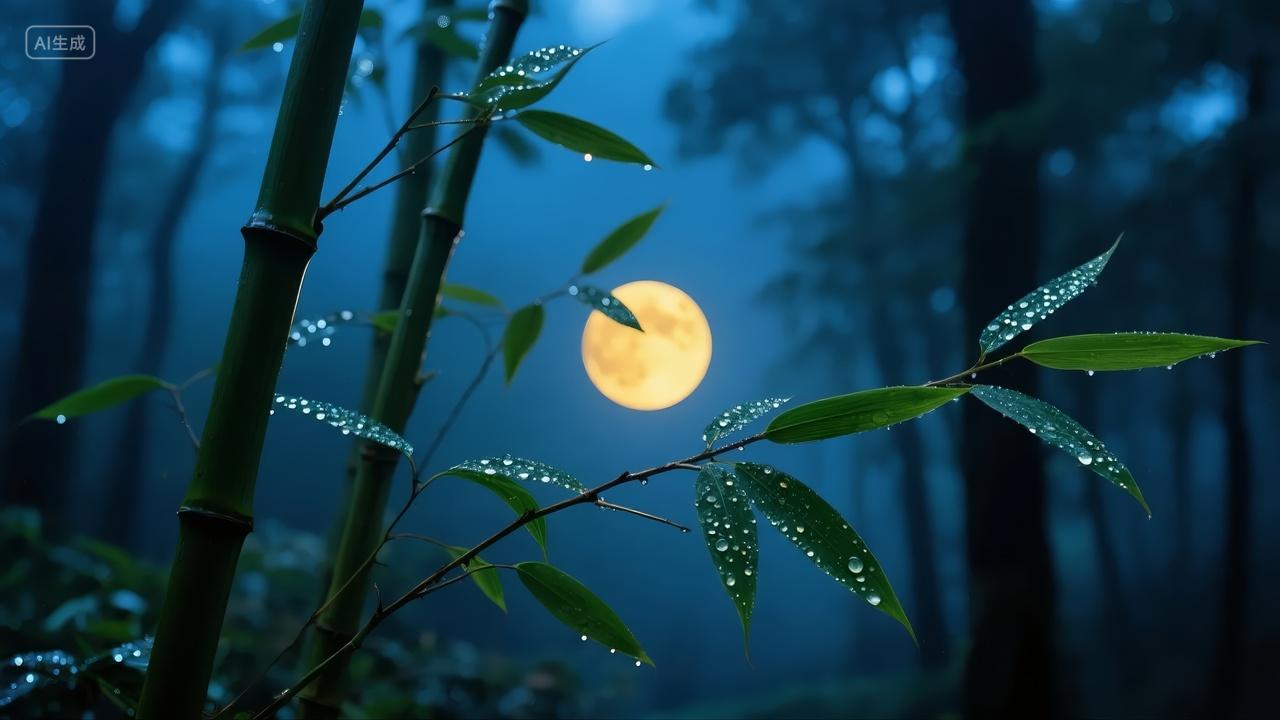 中秋节气竹林月亮宁静夜晚意境背景图