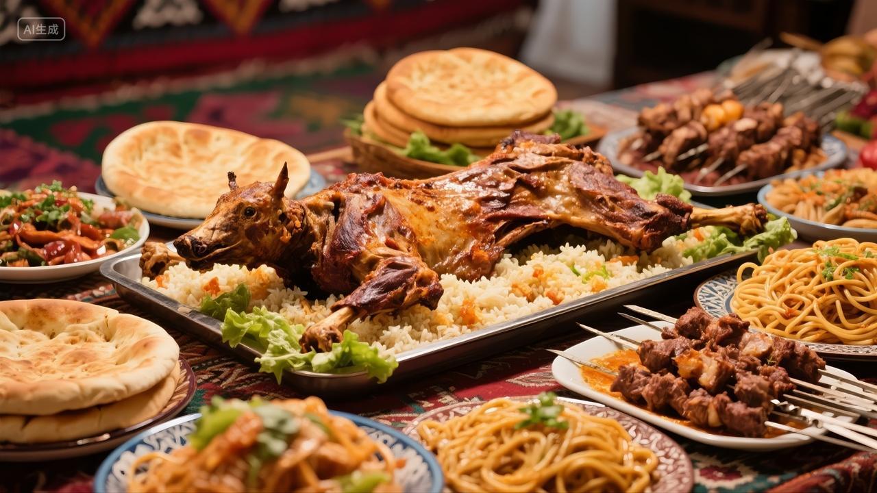 新疆美食盛宴烧烤手抓饭餐饮聚会背景