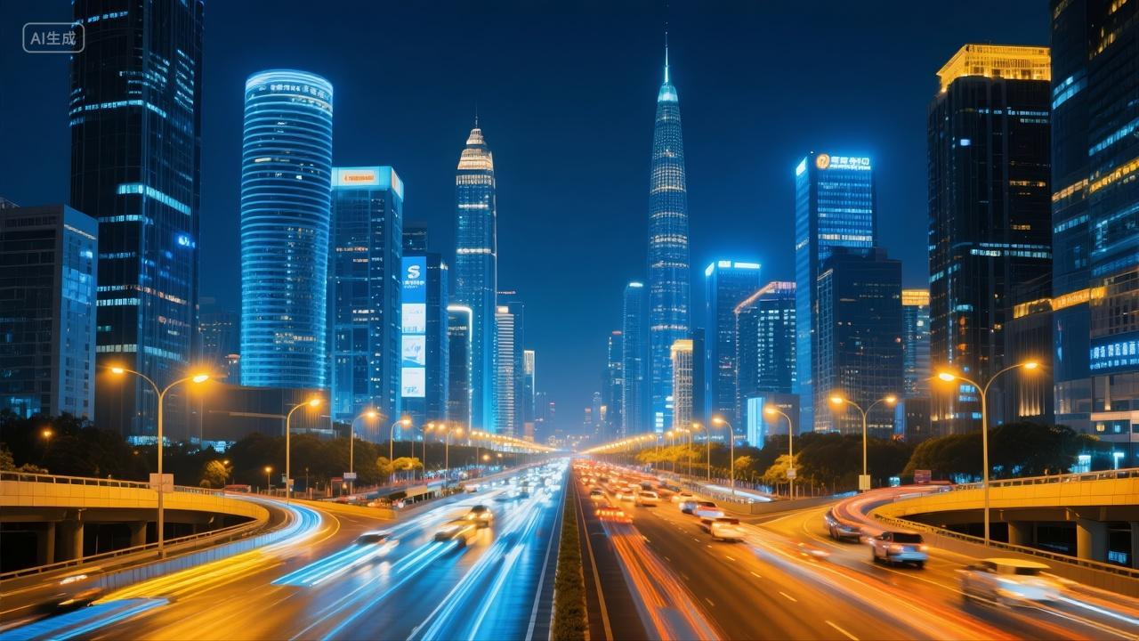 科技城市夜景未来都市车流光轨繁华背景