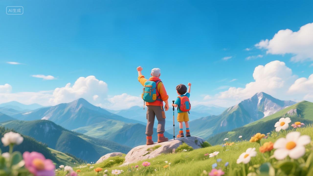 父亲和儿子一起登上山顶眺望远方的背影场景父亲节海报