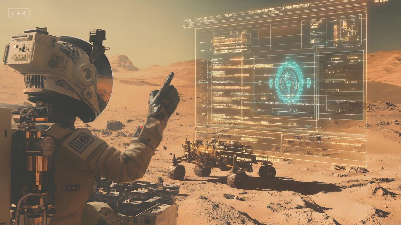 宇航员在火星操作全息面板