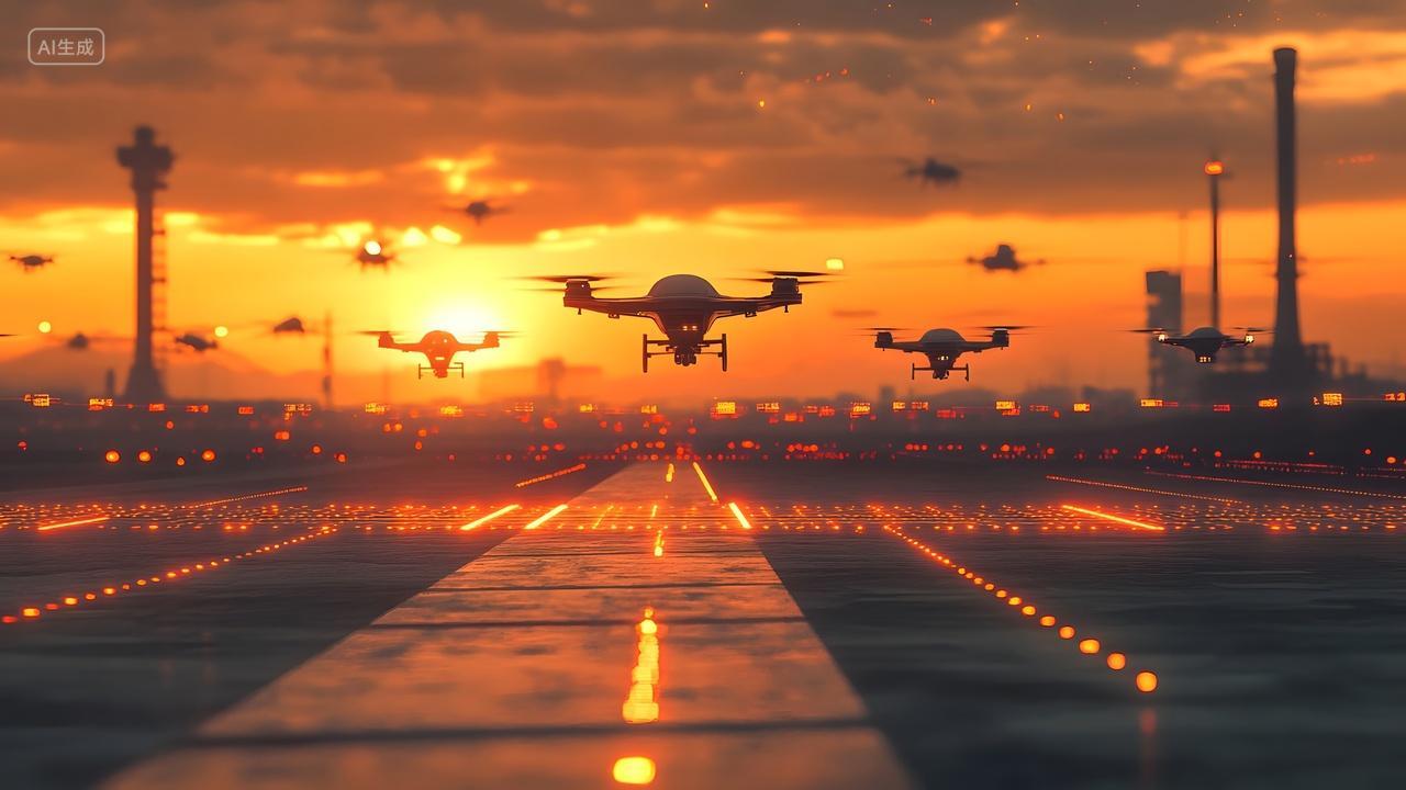 日落时分，多架无人机在跑道上空飞行