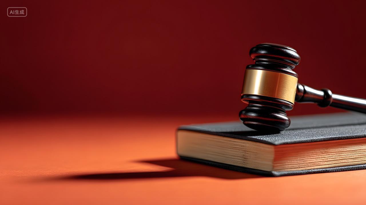 法律法槌与书本红色背景静物图司法正义象征