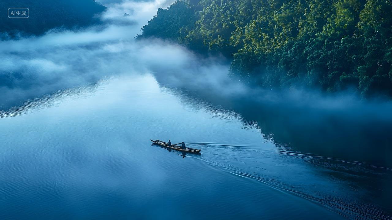 山水间，薄雾笼罩的江面，小舟载人而行