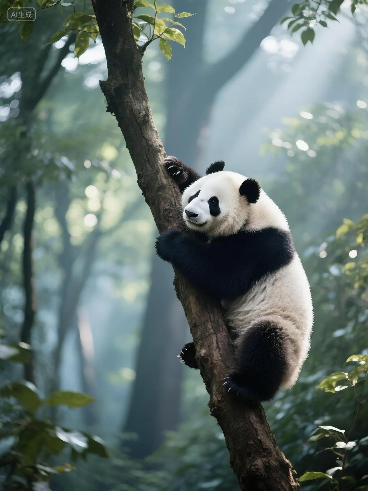 大熊猫爬树摄影图