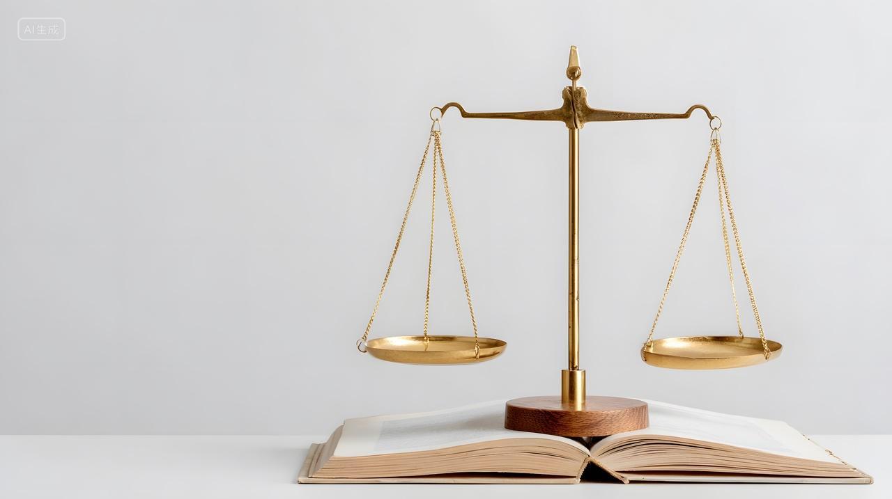 法律天平与书本白色背景静物图象征法治教育与公平正义