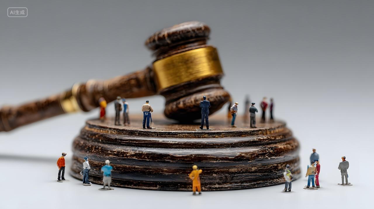 法律法槌与人物模型象征司法制度与公众权利保护概念图