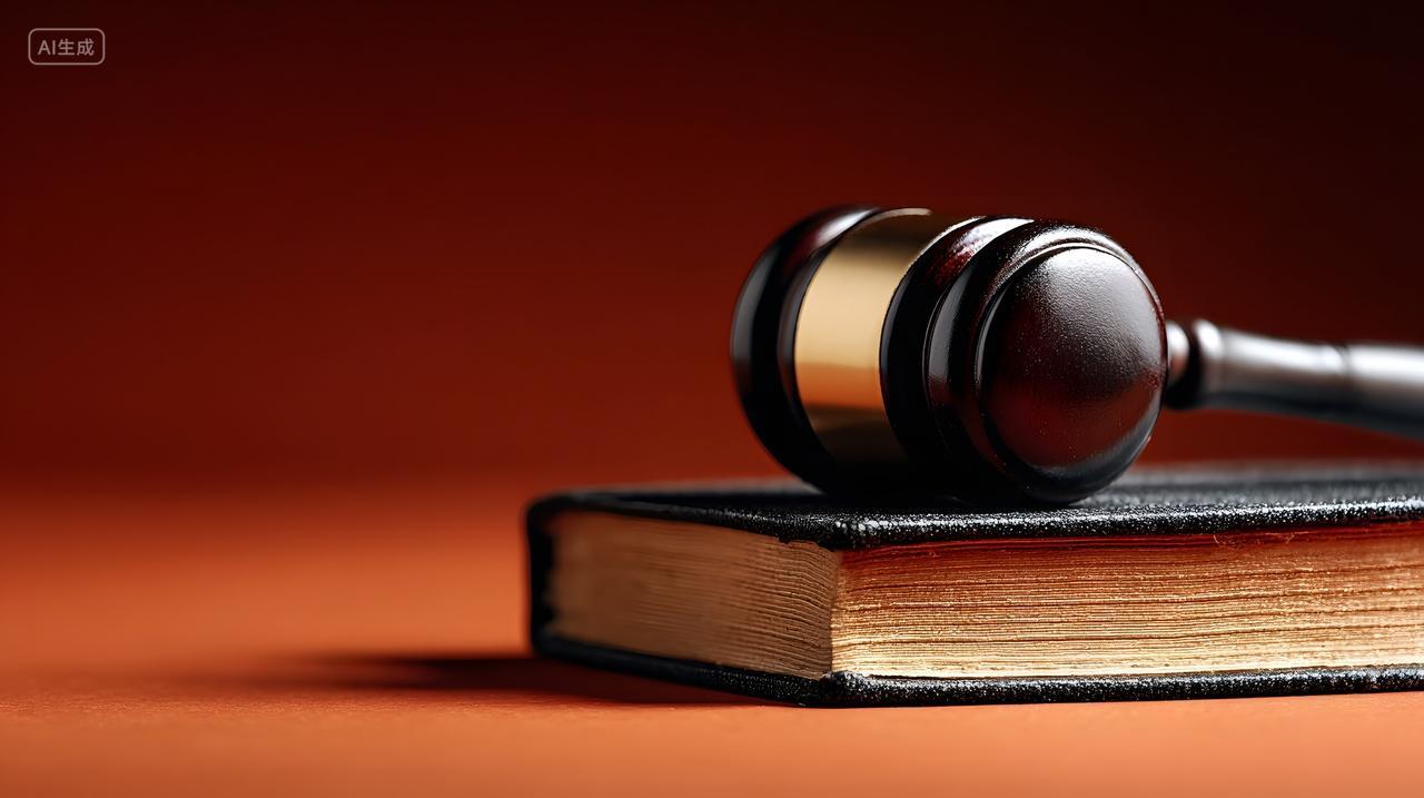 法律法槌与书本红棕背景静物图象征司法裁判与法律权威