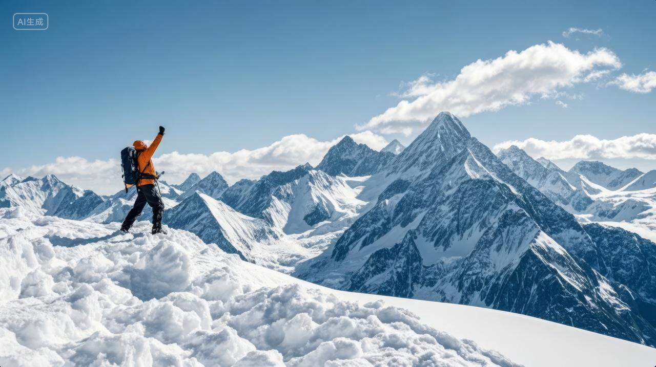 冬至节气登山成功雪山之巅欢呼励志背景
