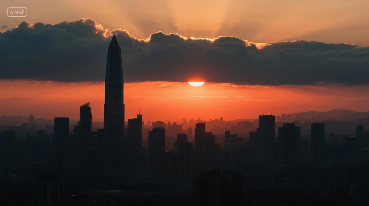 城市天际线日落黄昏剪影繁华商务地产背景