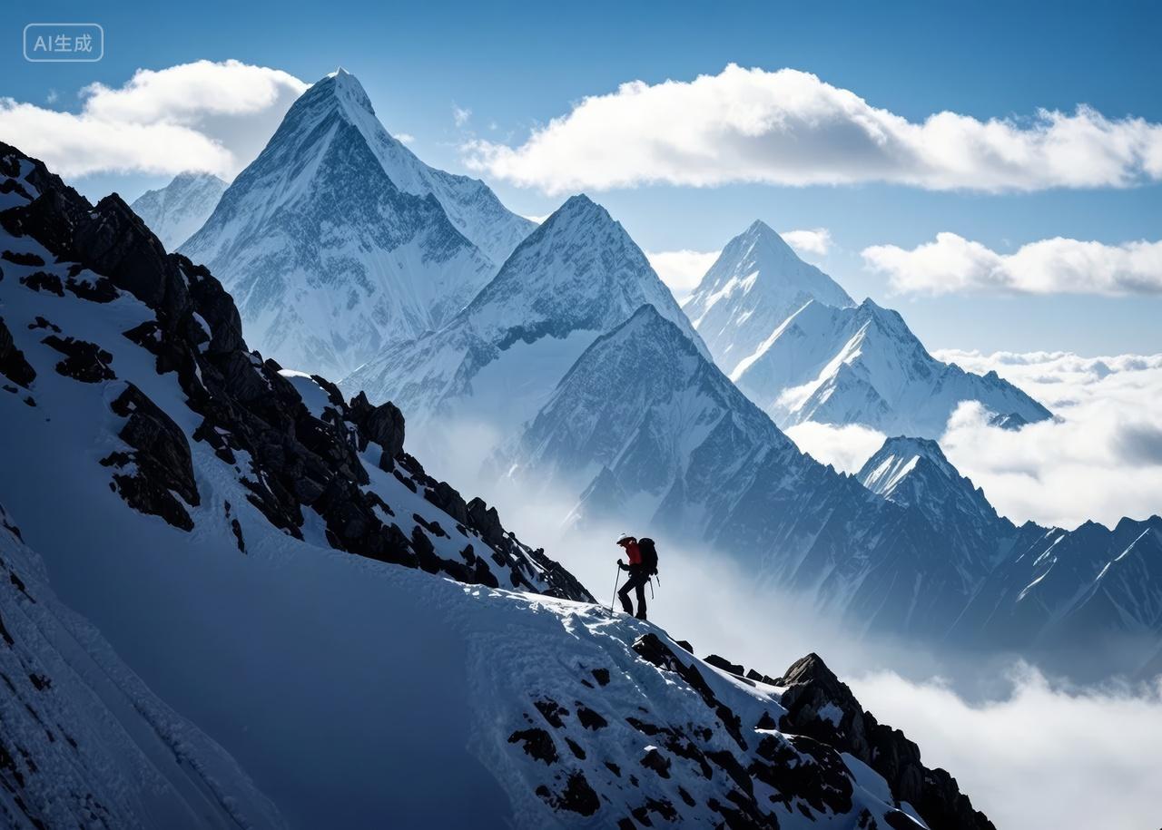 冬至节气登山者攀登雪山挑战极限运动背景