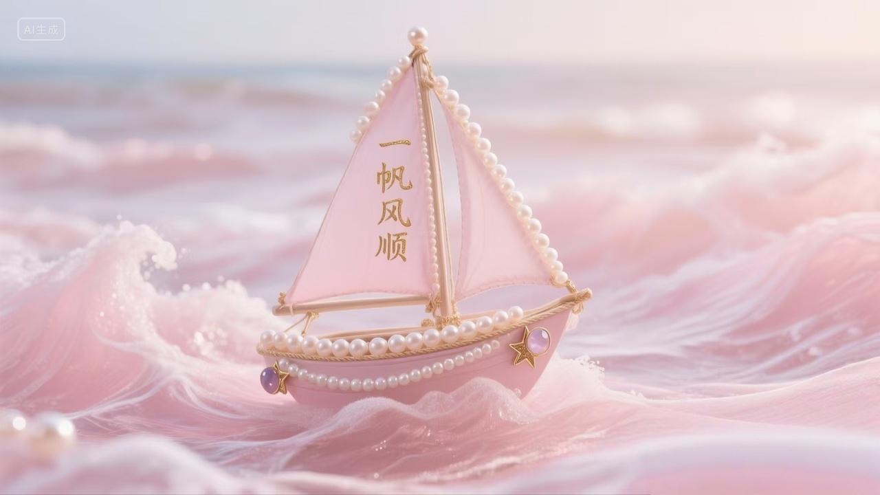 一帆风顺的船在海里整体粉色