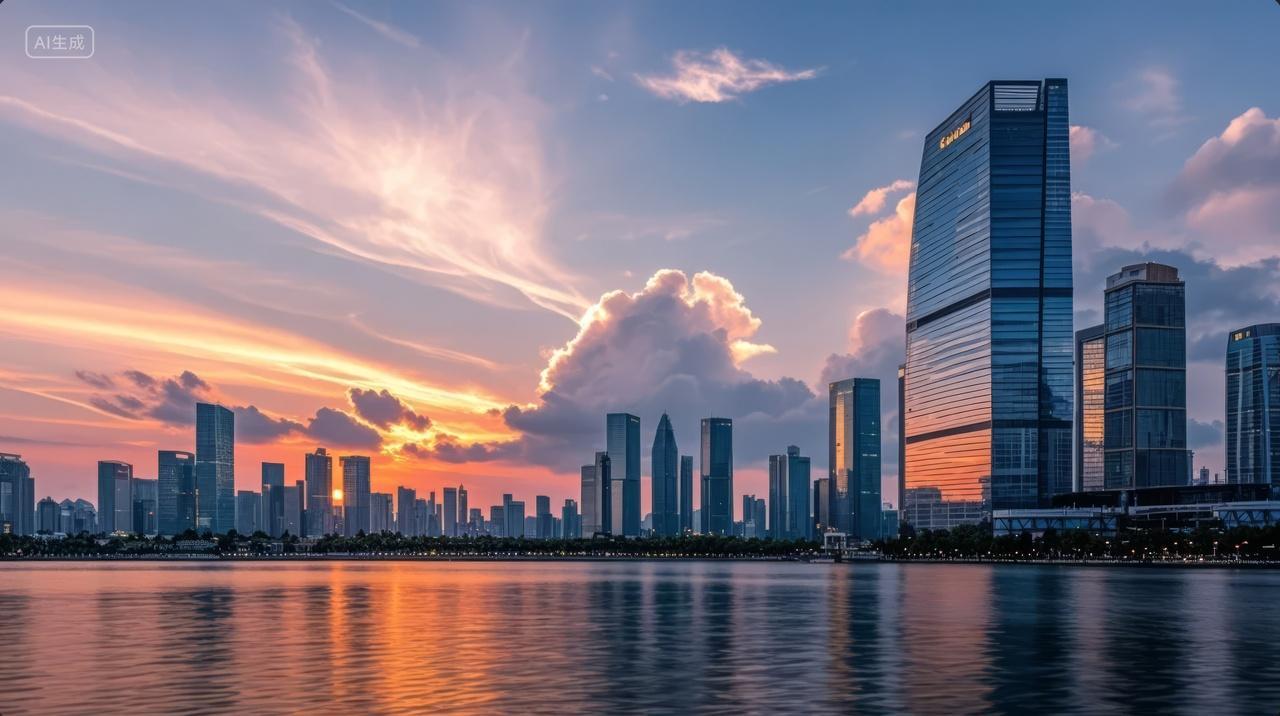 城市天际线黄昏水面倒影商务地产背景图