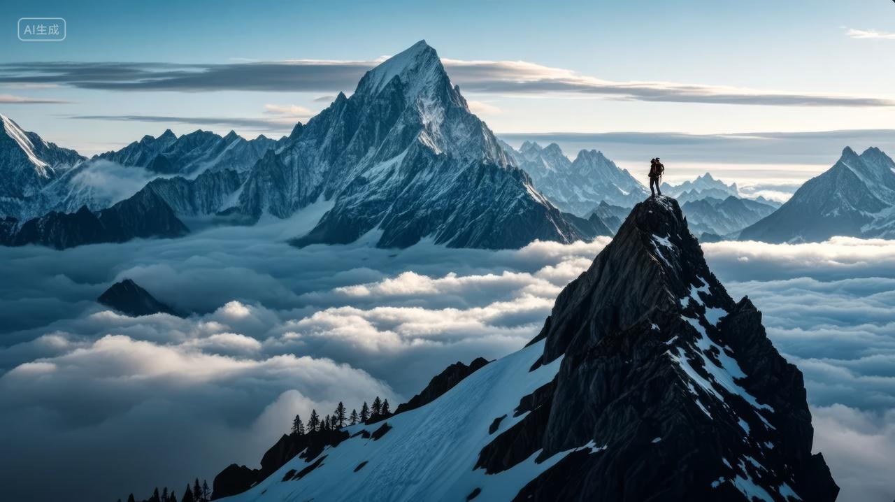 登山者顶峰云海日出励志成功企业精神背景