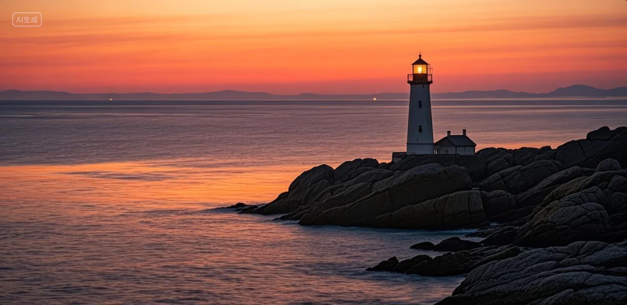 海边灯塔日落黄昏指引方向航海安全背景图