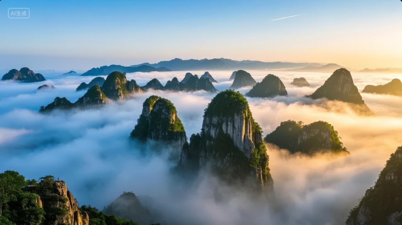 秋分节气桂林山水云海日出奇峰旅游背景