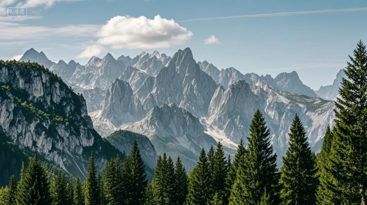 夏至节气多洛米蒂山脉森林徒步旅游背景