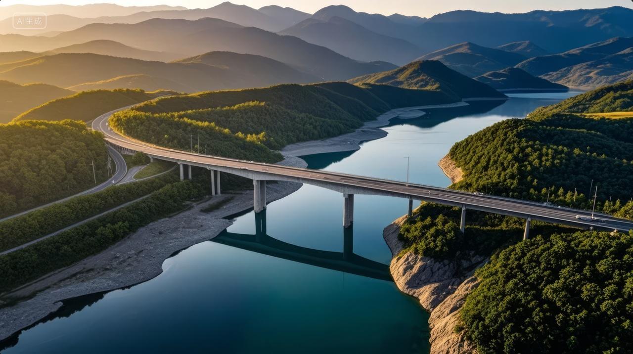 桥梁公路河流山谷航拍交通建设自然背景