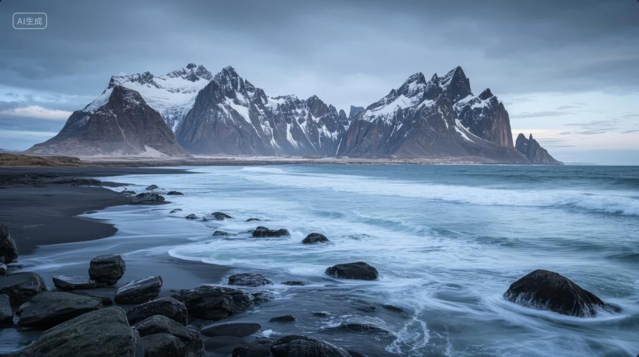 冰岛黑沙滩雪山海浪阴郁风光旅游探险背景