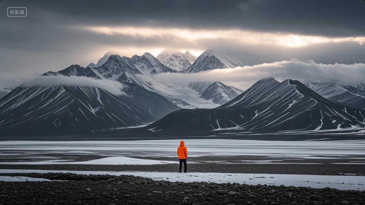 冬至节气雪原孤独行者远山探险旅游背景