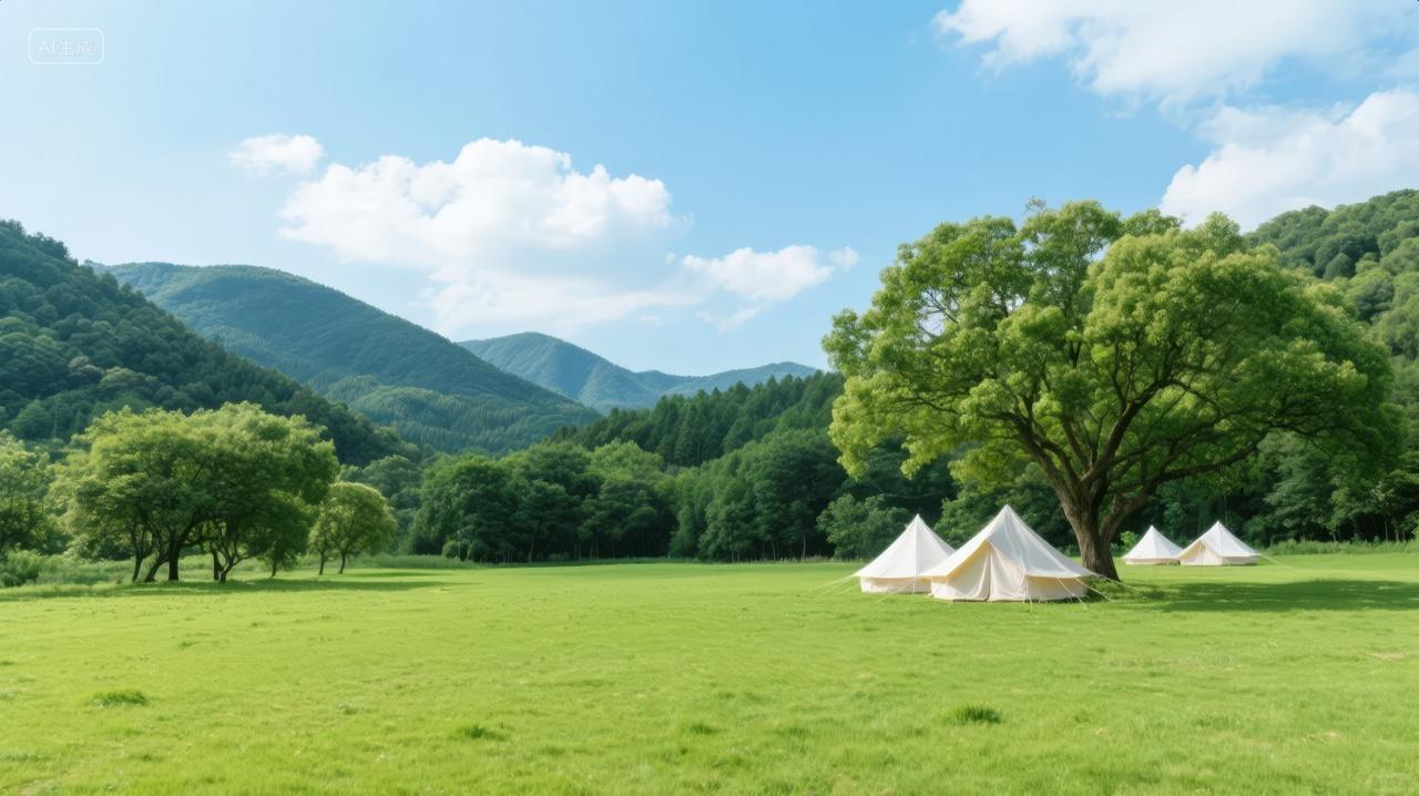 夏至节气草原帐篷绿树蓝天户外露营背景