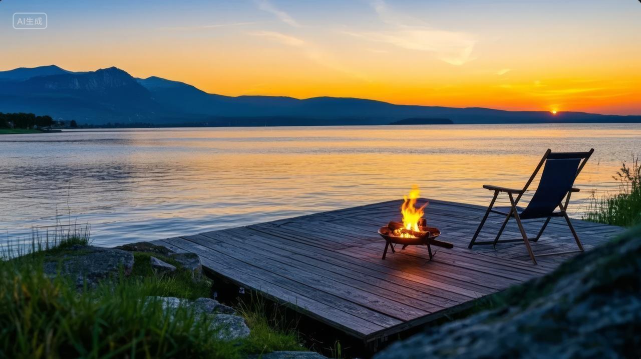 夏至节气湖边篝火躺椅日落休闲度假背景