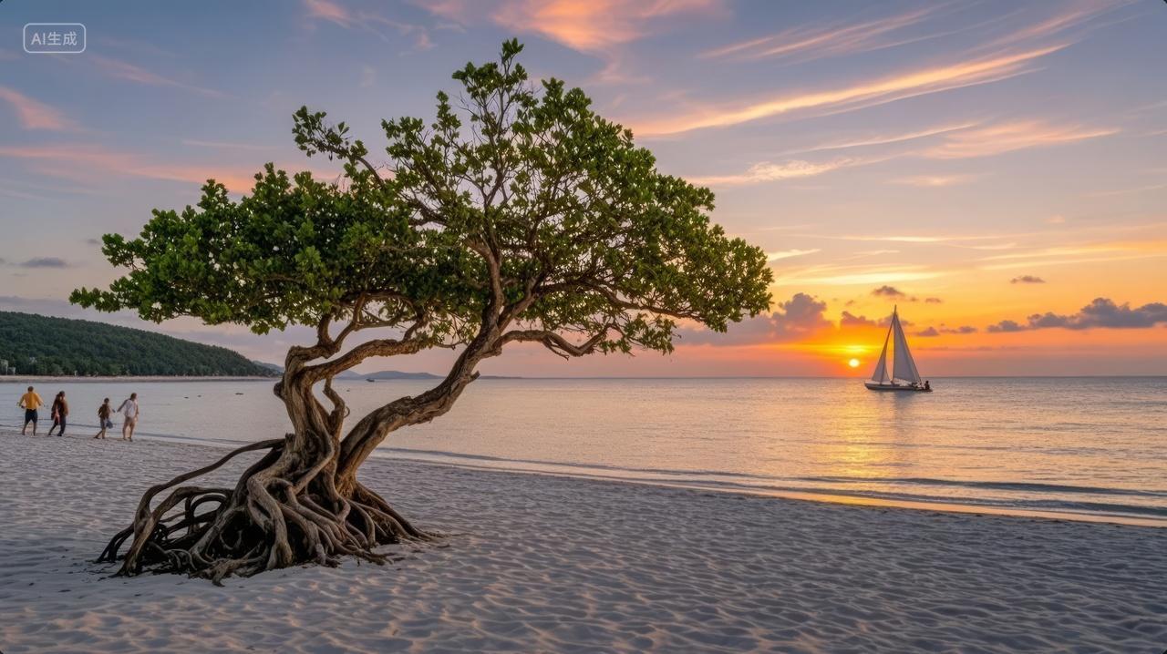 夏至节气海滩孤树帆船日落浪漫度假背景