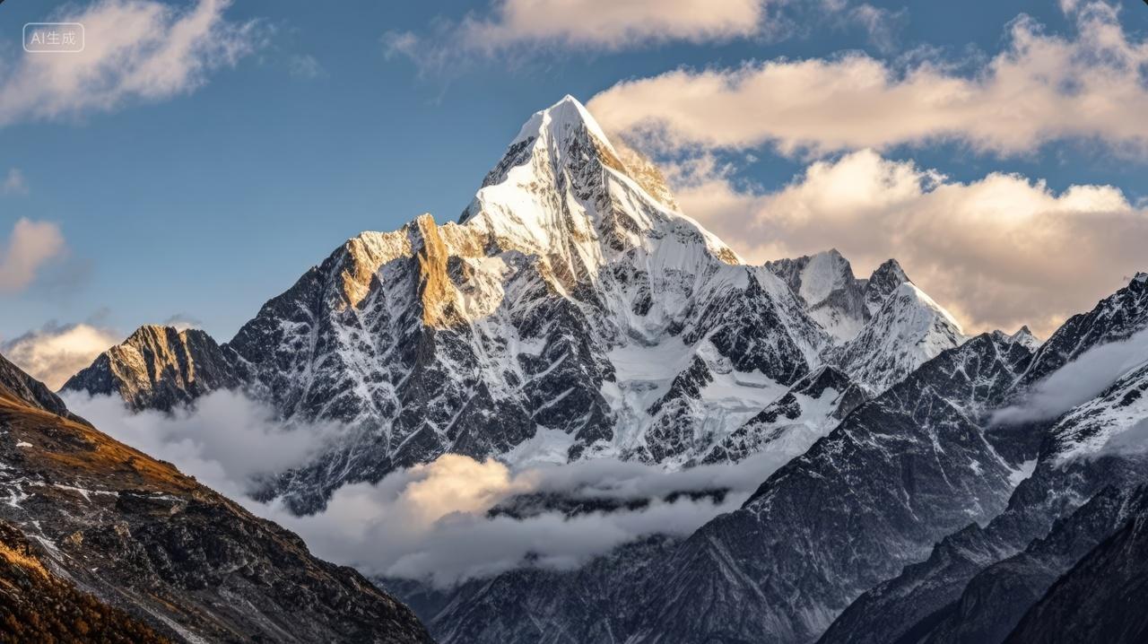 冬季雪山山峰云雾缭绕壮丽自然风光背景