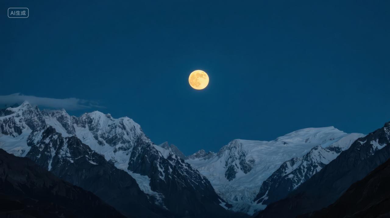 冬至节气雪山皓月星空静谧夜晚风光背景