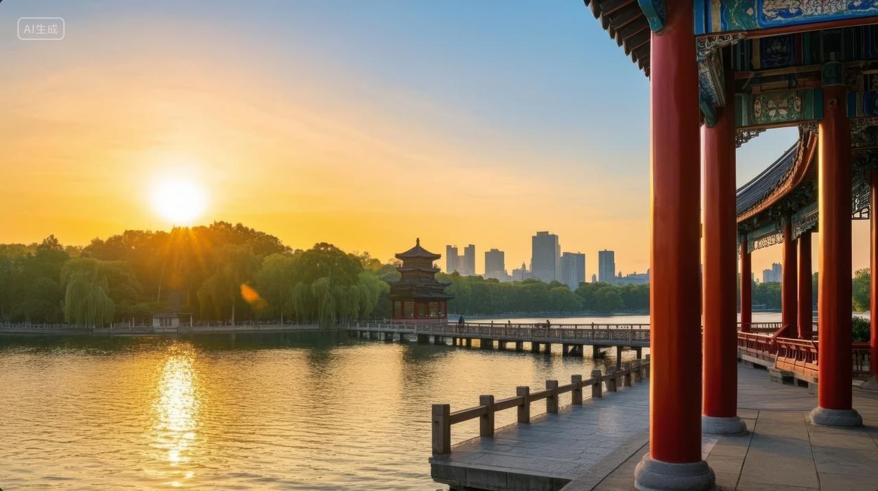 秋分节气城市公园湖畔亭台楼阁日落背景