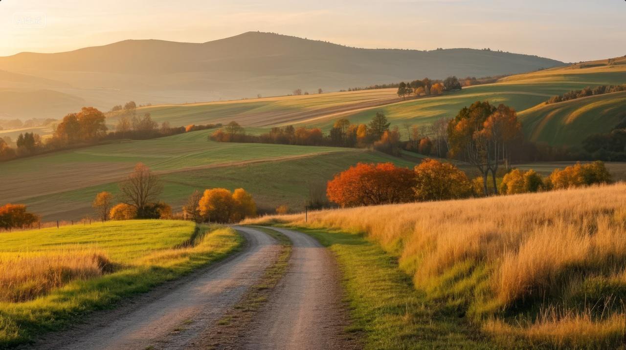 秋季乡村小路田野山丘浪漫唯美田园风光背景