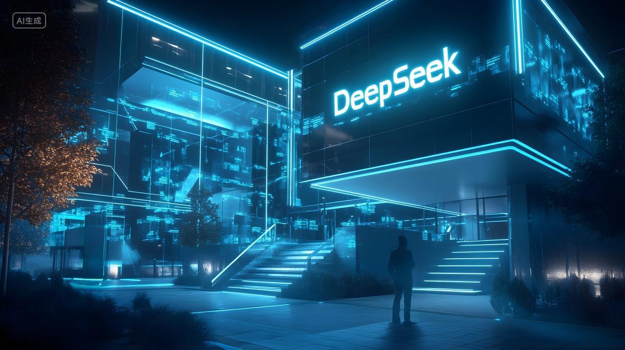 DeepSeek大楼在夜色中闪耀，科技感十足的建筑象征着未来与创新