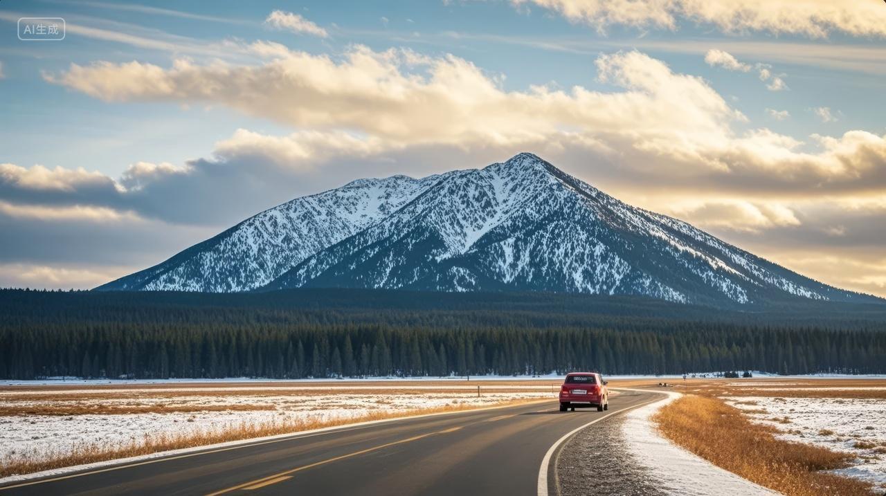 冬至节气雪山公路汽车冬季自驾游旅行背景