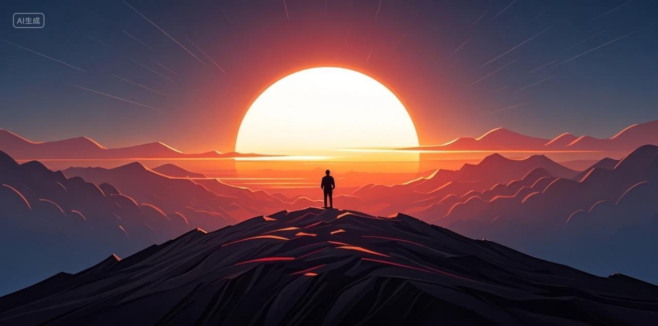 秋分节气山顶日落剪影人物励志意境背景