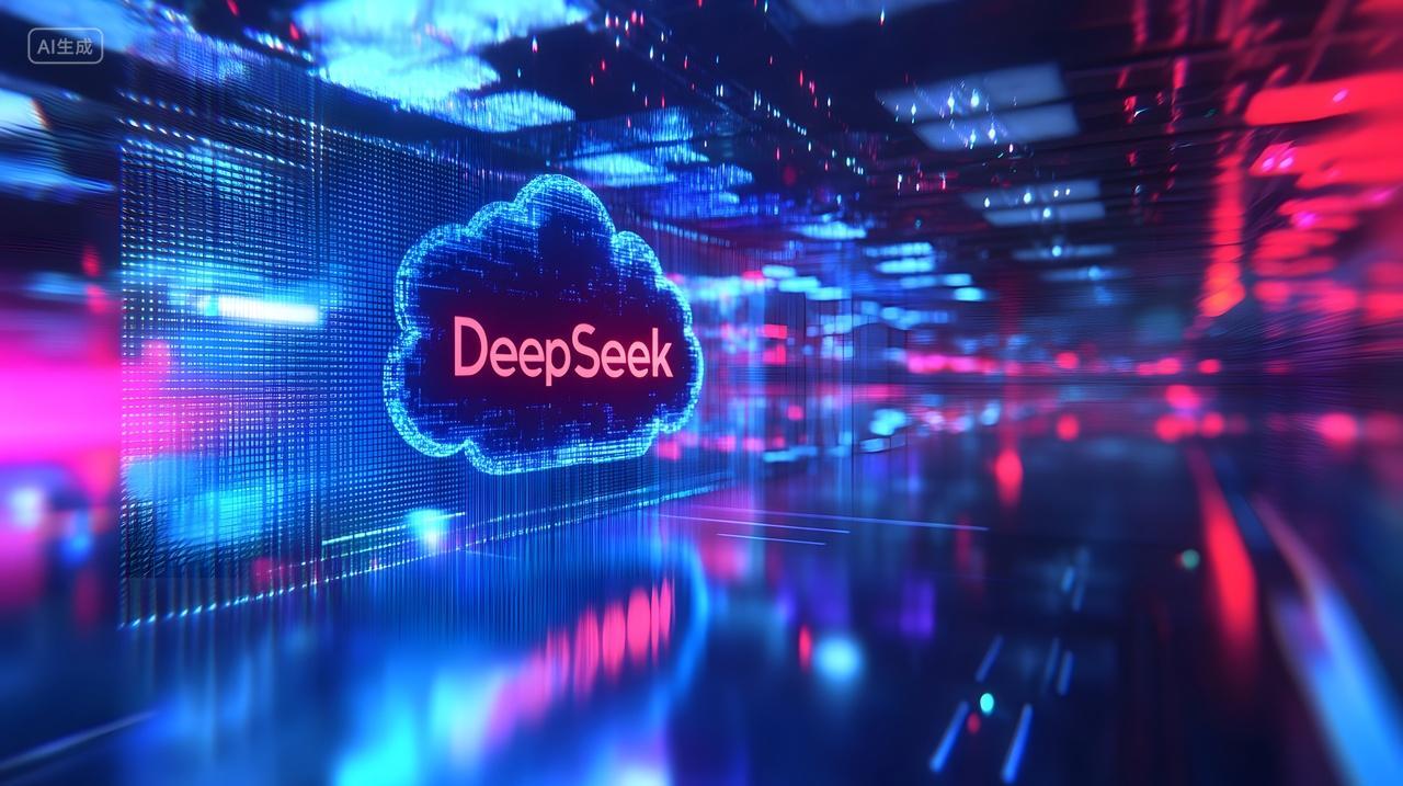 DeepSeek云标志在炫彩科技背景中闪耀，象征着数据与智能的未来